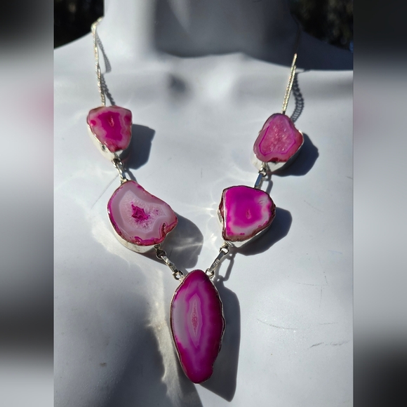 Pink Agate slice sterling Necklace 10"/20" - Picture 2 of 7